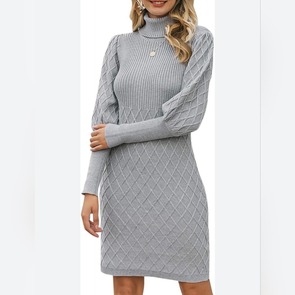 Areastars Diamond Gray Cable Knit Turtleneck Mini Sweater Medium Dress NWT